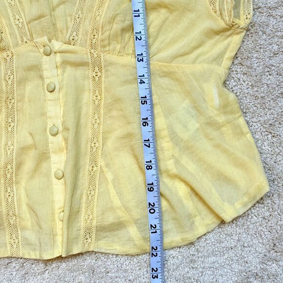 SOLD Free People Yellow V Neck Button Up Ruched Lace Flutter Sleeve Blouse Top S - Picture 10 of 12